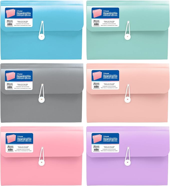 BAZIC Products Pastel Edition 7-Pocket Expanding File, A4/Letter Size, for School Office Documents