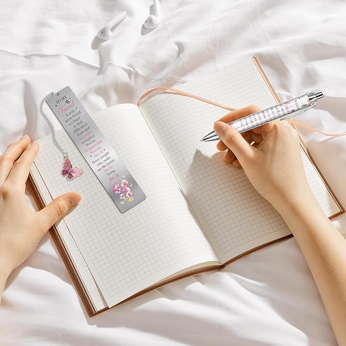 Friends Inspirational Metal Bookmark - 2 Pcs Best Friend Book Marks Friendship Charm Flowers Page Markers with Pen Butterfly Pendant for Reading Lovers Women Birthday Gifts Accessories
