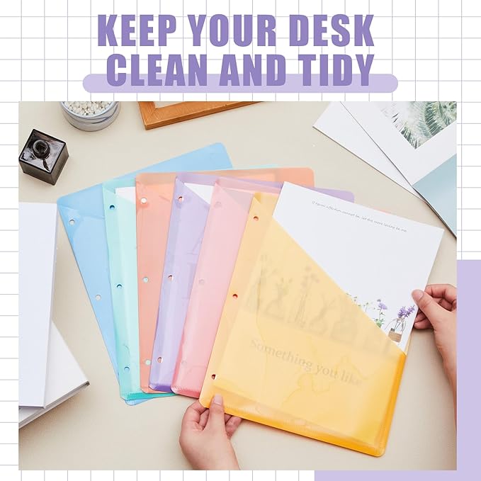 Maitys 30 Pack Binder Pockets 3 Hole Punch Clear Plastic Document Folders Binder Organizer Store Letter Size 8.5x11 Inch Paper Folders with Pockets Slash File Jacket for Office (Light Color)