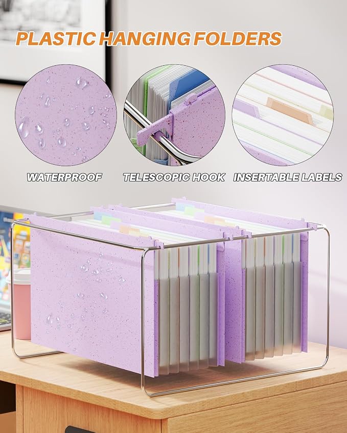 Ansook Hanging File Folders, Legal Size with 1/5-Cut Adjustable Tabs, 7 Accordion Pockets, 1.2'' Expandable File Folder Organizer for Filing Cabinet Office Home, School, 50% Wheat Straw (Purple)