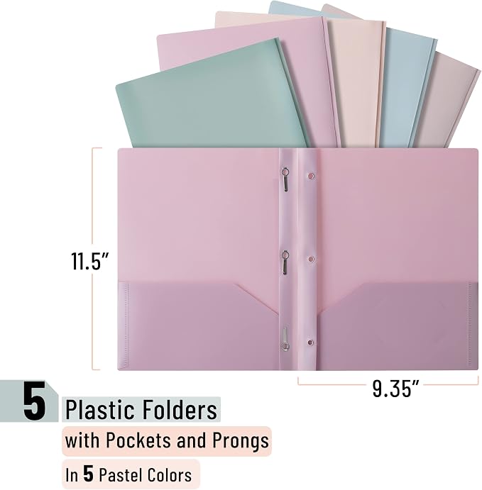 Mr. Pen- Plastic Folders with Pockets and Prong, 5 Pack, Muted Pastel Colors, Pocket Folders with Prongs and Fasteners, 2 Pocket