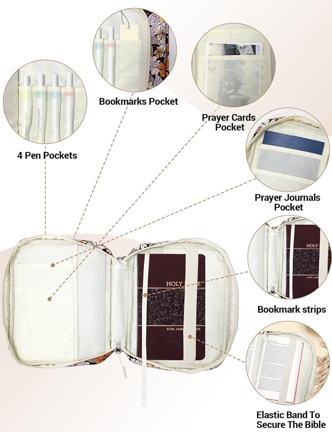 Bible Cover Case for Women,Church Study Book Bible Bag,Bible Carrying Case with Pockets for Bible Accessories, Bible Book Cover with Zipper Christian Gifts fits Bible Size Up to 9.5"x8"x2" Floral#1