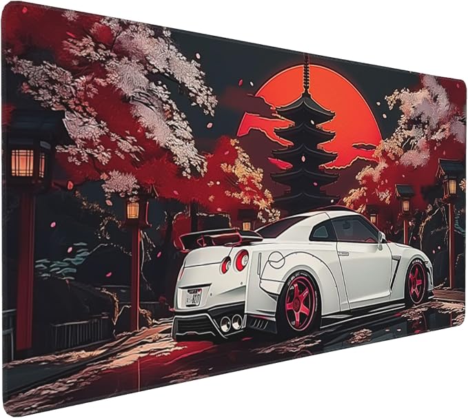 Large Car Mouse Pad 35.4 x 15.7 Inch, Extended Japanese Night Scene Desk Mat, Non-Slip Rubber Base, Washable Surface, Perfect for Gaming, Work & Aesthetic Desk Setup