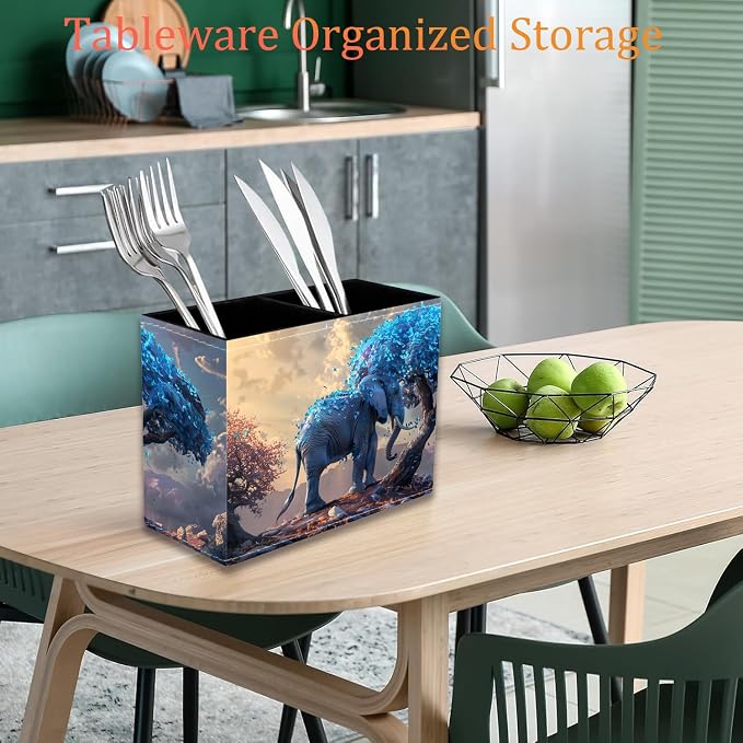 Pen Holder for Desk, PU Leather Multifunctional Desktop Storage Box and Anti-Slip Mouse Pad Set, Makeup Brush Holder Pen Organizer for Office and Home - Leaves and Elephants