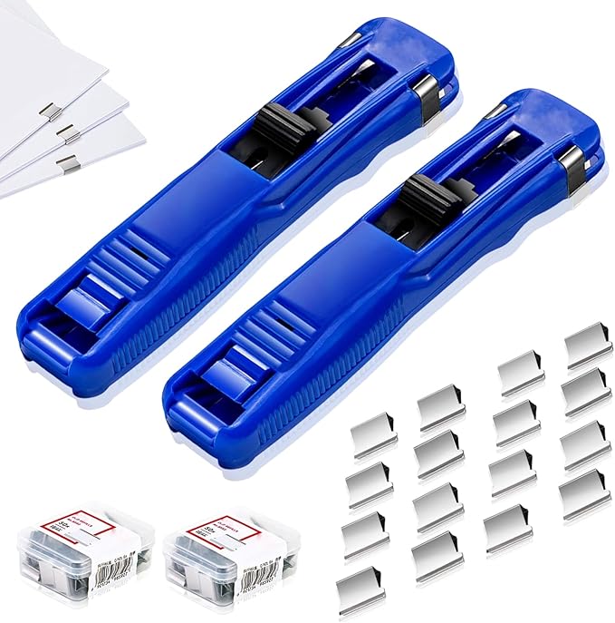Portable Binder Clip Stapler with 100PCS Reusable Push Clips, Handheld Paper Clam Dispenser, Non-Destructive Desktop Stapler Alternative for Office School Home, Document Binding (Blue-2pcs)