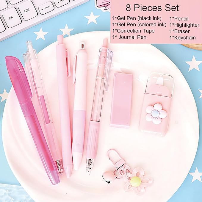 MOZXIRZ 8 Pcs Cute Pink Stationery Set for Girls Boys Women Back to School Supplies Office Supplies Kawaii Candy Colors Stationery Gift Including Pen Pencil Highlighter Eraser (Pink)