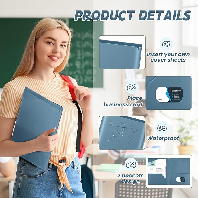 Henoyso 36 Pack Blue Gray Plastic Folders with Clear Front Pockets Heavy Duty File Folders with 2 Pockets and Card Slot for Student Communication School Office Presentation Report