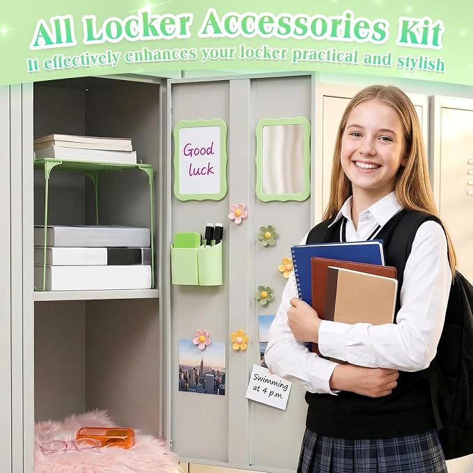 Colarr 16 Pcs Light Green Locker Accessories for Girls Includes Magnetic Whiteboard & Mirror Locker Shelf Pen Holder 2 Dry Erase Marker & Eraser 9 Flowers for Back to School Essentials Decoration