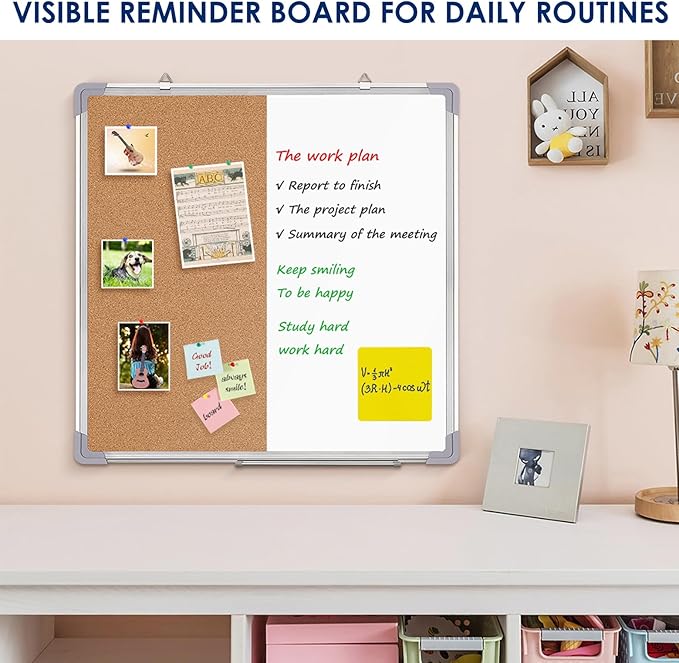 Cork Board White Board Combo 24 x 24 in – Wall Hanging Dry Erase and Bulletin Board with Markers, Magnets, Thumb Tacks & Reusable Magnetic Notes – Reminder Board Organizer for Home and Office