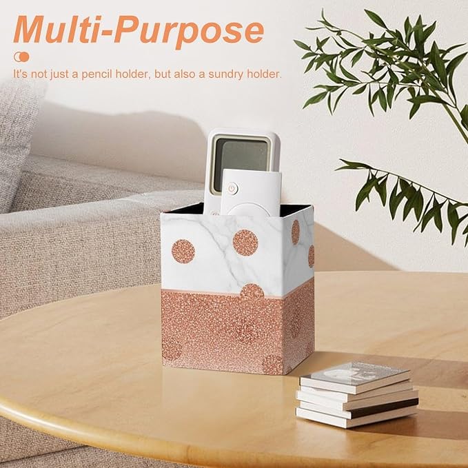 Pen Holder Square Leather Pencil, Holder Cup Makeup Brush Storage Organizer, Waterproof Multifunctional Office Supplies Modern Rose Gold Pink Glitter Dots White Marble
