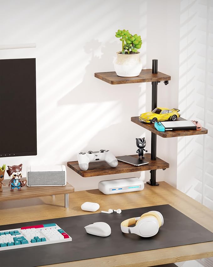 3 Tiers Clamp On Desk Shelf, 360° Angle Adjustable Desktop Shelf Organizer for Home Office Gaming Room, No Drill Desk Extender Adapt to 0.4-2.16 inches Table Thick, Black Brown
