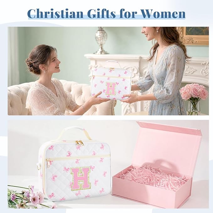 Personalized Initial Bible Cover Case for Women, Large Quilted Bible Bag with Durable Handle, Stylish Church Bag Journaling Kit with Study Supplies Accessories, Christians Gifts for Women (Pink-H)