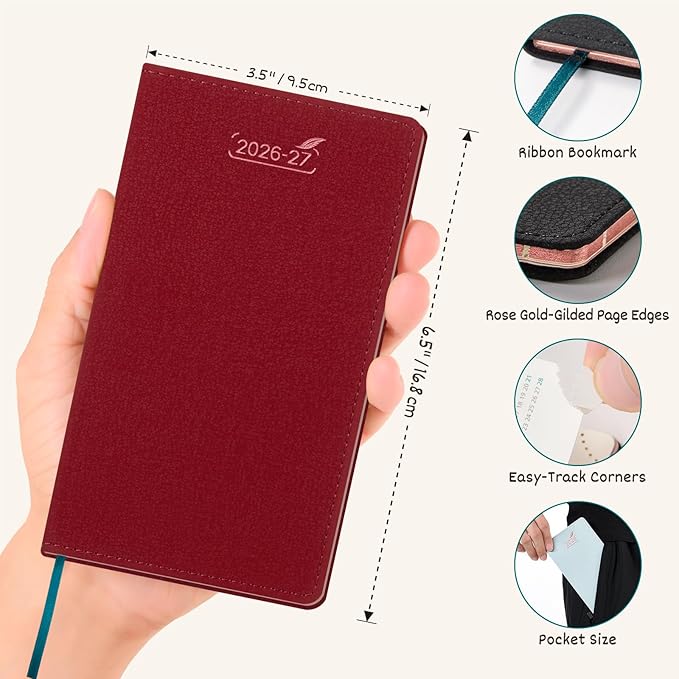 BEZEND Pocket Monthly Planner 2026 2027 Extra Thin & Light (Slim 3.5" x 6.5"), 18-Month Academic Mini Calendar (Jul 26 - Dec 27), Ideal for Students & Professionals, PU Leather Softcover - Burgundy