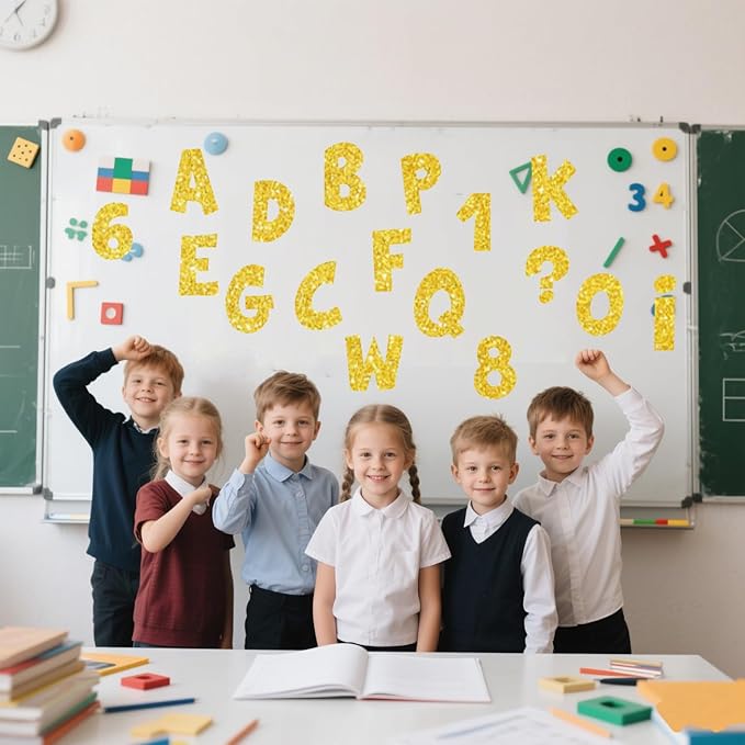 233Pcs Glitter Bulletin Board Letters, Numbers and Punctuation, with Adhesive Dots, for Classroom Numbers Alphabet Poster Board Letters Display School Decoration (Gold)