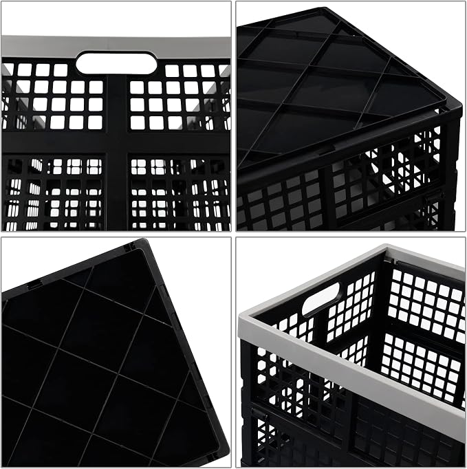 2 Pack 42 L Stackable Plastic Folding Crate, Plastic Collapsible Storage Basket, Organizer Bin for Car Trunk, Home, Office, Grocery, Clothes