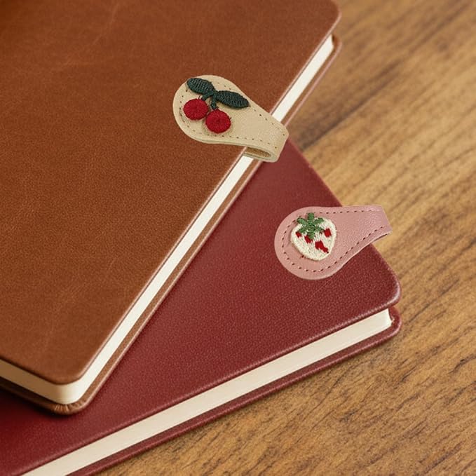 2Pcs Magnetic Leather Bookmark Set, Embroidery Magnetic Bookmarks Clips for Book Lovers Reading, Book Accessories(Pink Strawberry, White Cherry)