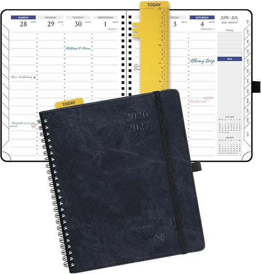 POPRUN 2026-2027 Academic Weekly Planner, 7" x 8.5" Calendar from July 2026 to June 2027, Spiral Bound Appiontment Book with Vertical Layout, 30 Minutes Hourly Time Slots, Leather Soft Cover, Monthly Tabs - Black