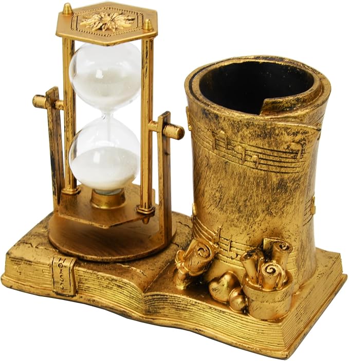 Owlgift Music-Themed Pencil Holder with Hourglass, Resin Desktop Organizer for Office & Study, Pen Holder with Sand Timer, Classic Addition Scissors Storage, Artistic Accessory Gift