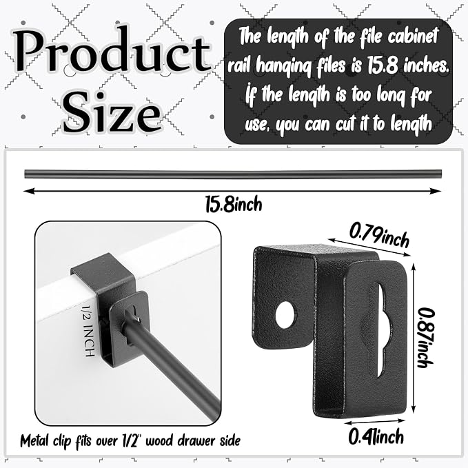 8 Set 24 Pcs Black Metal Hanging File Bracket Clips 16 Hanging Rail Clip 8 File Cabinet Rails Fits 1/2 Drawer Side Document Folder Frame Document Hangers for Cabinets Storage