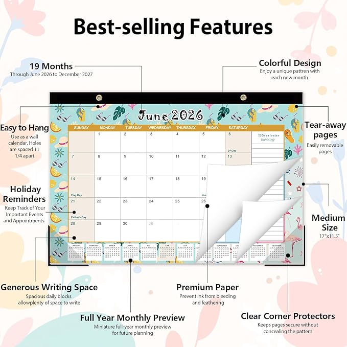 GuassLee Desk Calendar 2026-2027, Desktop Calendar Monthly Pages 17" x 11.5" Runs from Jun.2026 to Dec. 2027-19 Monthly Hanging Calendar with Corner Protectors for School, Home and Office