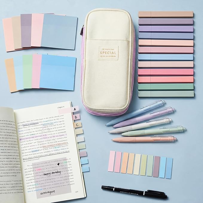 Jutom 39 Pcs Aesthetic Book Annotation Kit Highlighter with Pencil Case Bag Gel Pen Transparent Sticky Note Taking Bible Study College School Supplies(Purple,Cute Style)