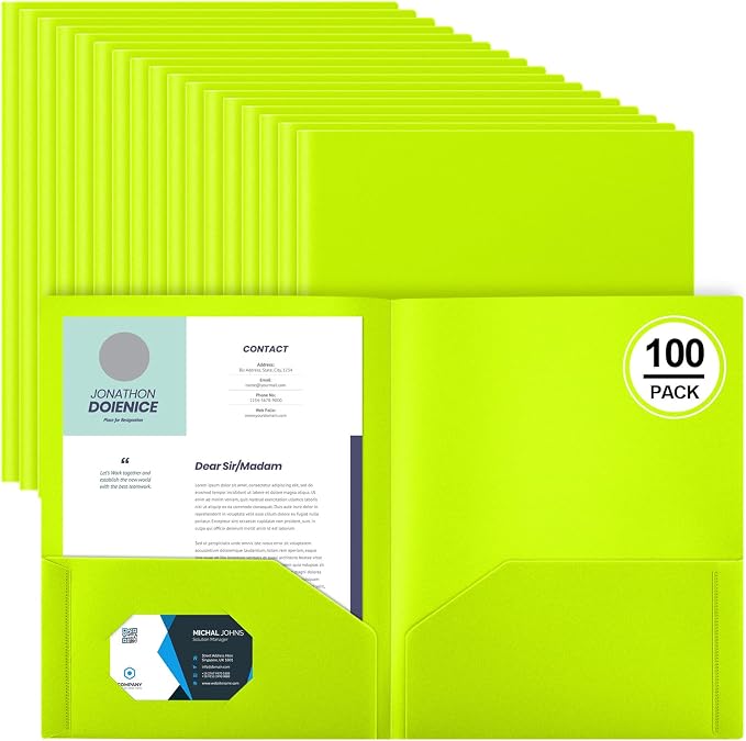 Gueevin 100 Pack Plastic Folder with Pockets, 2 Pocket Folders, Plastic Glossy Folders Fit Letter Size Paper, Heavy Duty Durable File Folder with Business Card for Home Office School (Lime Green)