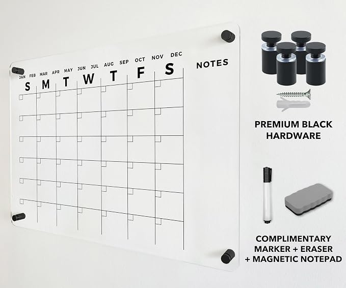 Acrylic Wall Premium Calendar with Black Hardware - Monthly and Weekly Board Family Planner - Dry Erase Family Calendar - Marker (28x20'' - Black Standoff)