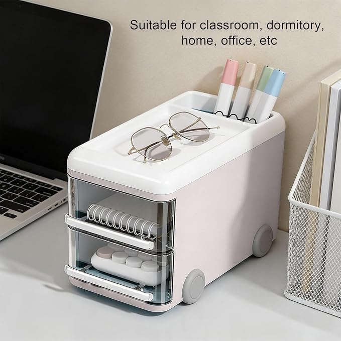 Cute Desk Organizer with drawers, Desktop Storage Box Drawer Type Stationery Organizer Cute Cartoon Pen Holder for Classroom Dormitory Home (White)
