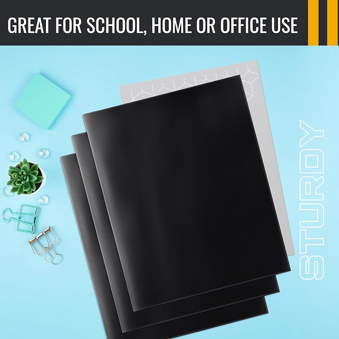 Better Office Products 2 Pocket Glossy Laminated Black Paper Folders, Letter Size, Black Paper Portfolios, Box of 25