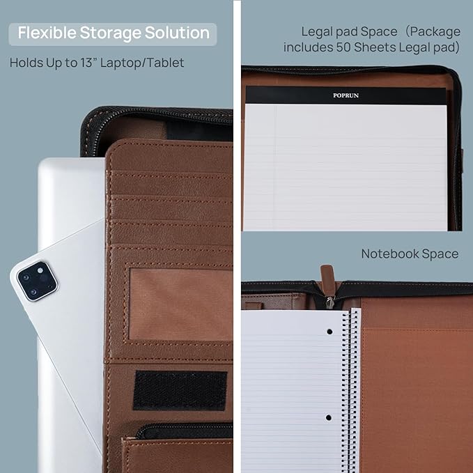 POPRUN Professional Zippered Portfolio Binder - Leather Padfolio Organizer with Notepad, Tablet Sleeve & Handles for Business, Meetings, Interviews, and Daily Office Use, Brown