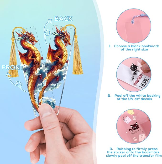 UV DTF Bookmark Wraps - 24 Sheets Dragon UVDTF Decals for Acrylic Bookmark Blanks, Double-Sided Printing Rub on Transfer Stickers, UV DTF Stickers for Dragon Lovers Adults DIY Crafts