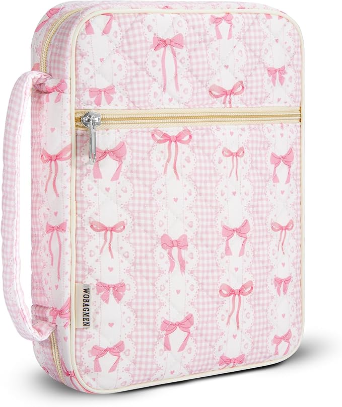 WOBAGMEN Bible Cover Case for Women,Large Bible Tote Bags Organizer Quilted Carrying Case for Girls,Bible Study Supplies Accessories Christian Gifts for Women (Pink Bow, M)