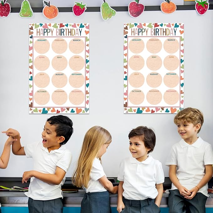 Happy Birthday Chart for Classroom, 2Pcs Boho Birthday Poster Decoration 17’’ x 12’’ Boho Birthday Cake Calendar Cutouts for School Bulletin Board, Chalkboards, Wall Decor
