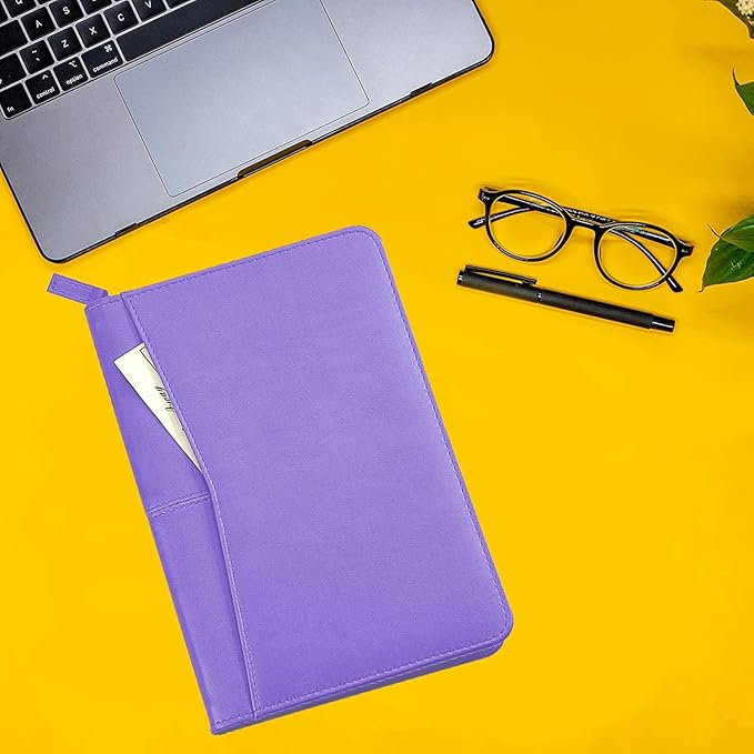 Lcjtop Junior Business Padfolio - A5 PU Leather Portfolio Binder & Zippered Binder Folder with 5 x 8 Writing Pad and Interior Storage Pocket Executive Business Organizer for Men Women,Purple
