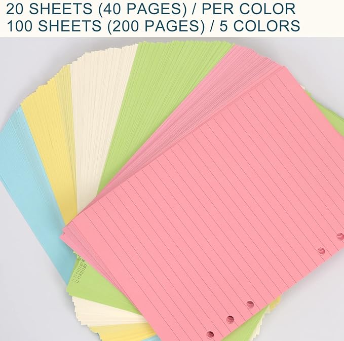 A6 Colorful Refill Paper, [5 Colors] Toplive 100GSM Thick Refillable Paper 6 Hole Filler Inserts Loose Leaf Paper 100 Sheets (200 Pages) for 6 Ring Binder Journal Notebook