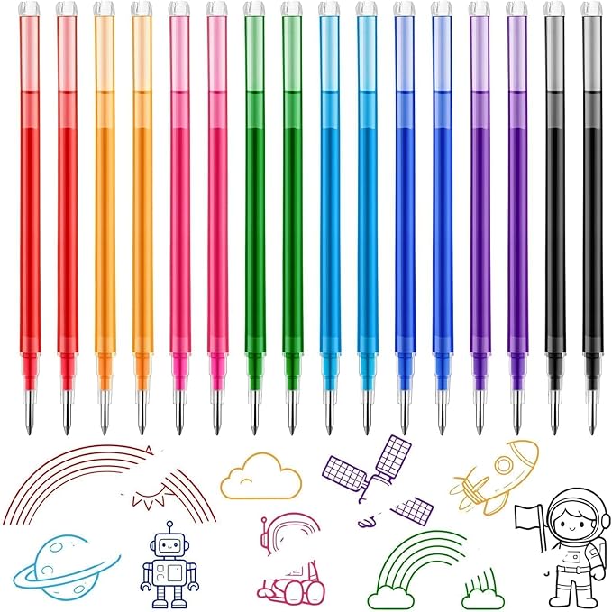 Colorful Erasable Gel Ink Pen Refills Compatible with Frixion Friction, Replaceable Medium Fine Point Clicker Refill Stationery (Millimeters, 0.5, 16Pcs)