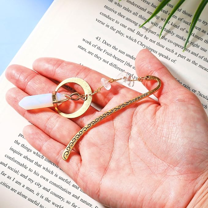 Vintage Metal Bookmark Pendant with Natural Crystal Stones White Clear Quartz Bead Chain–Elegant Bookmarks for Women,Men,Book Lovers,Teachers and Girls(White Tassel)