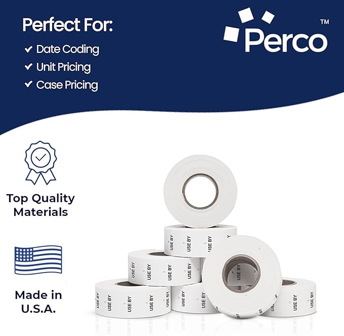 Perco 2 Line USE BY Labels - 80 Rolls, 10 Sleeves, 60,000 Blank Date Gun Labels for Perco 2 Line Date Guns - Made in USA