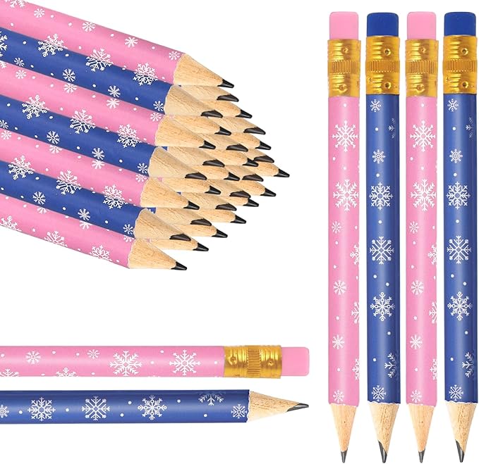 JarThenaAMCS 50Pcs Winter Short Pencil with Eraser 4 in Pink Blue Snowflake Writing Pencil Wood Christmas Half Pencil for Classroom Office Stationery Gift