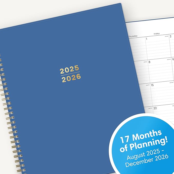 Blue Sky 17 Month Weekly and Monthly Academic Year Planner Calendar, August - December, Flexible Cover, Wirebound, Laminated Tabs, Azure (Azure- 2025/2026, 8.5" x 11")