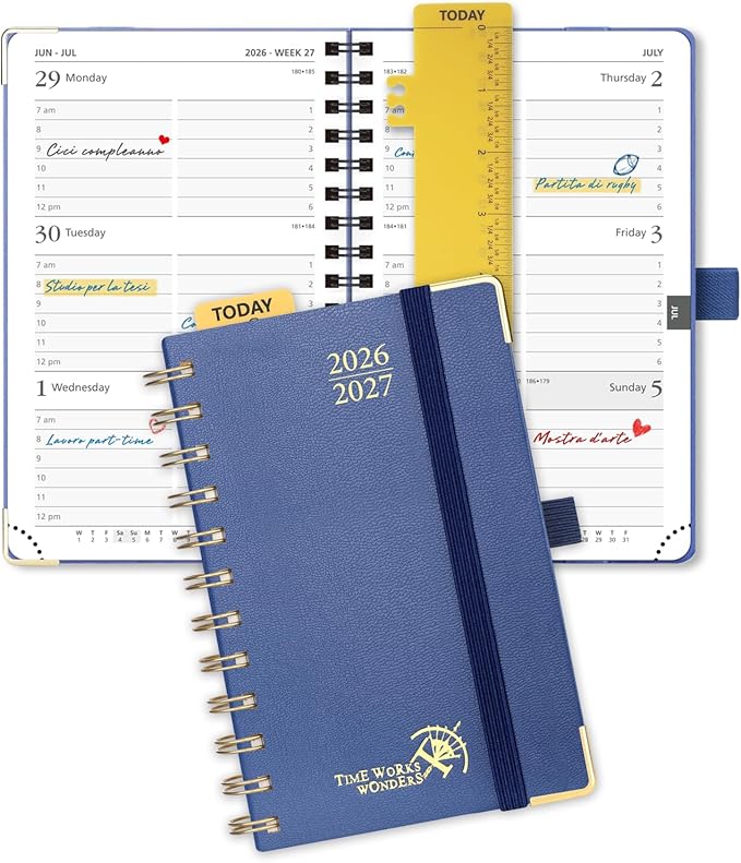 POPRUN Pocket calendar 2026-2027,pocket planner Jul 2026-Jan 2027, 6.5" x 3.5" Small Planner for Purse,Inner-pocket Weekly Planners with Hardcover, Tabs, Ruler, Pen Loop ,Unisex Weekly Planners for Organizing and Office - Navy Blue