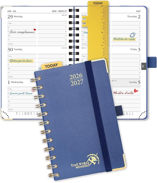 POPRUN Pocket calendar 2026-2027,pocket planner Jul 2026-Jan 2027, 6.5" x 3.5" Small Planner for Purse,Inner-pocket Weekly Planners with Hardcover, Tabs, Ruler, Pen Loop ,Unisex Weekly Planners for Organizing and Office - Navy Blue