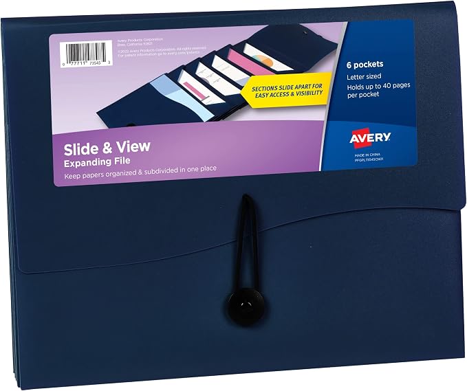 Avery Slide & View Expanding File Folder, 6 Pockets, Letter Size, 1 Navy Folder (73545)