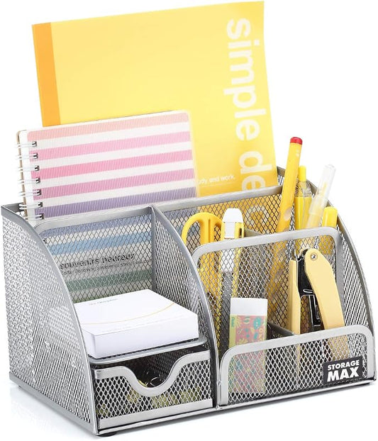 Desk Organizer with Drawer, Desktop Wire Mesh Sorter with 6 Compartments for Pens, Pencils and Letters (Silver)
