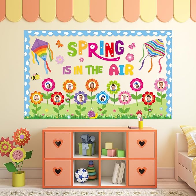 Spring is in The Air Bulletin Board Set Colorful Floral Butterfly Photo Craft Cutouts Classroom Decorations Spring Theme Party Flower Kite Paper Cutouts for Classroom School Home Supplies