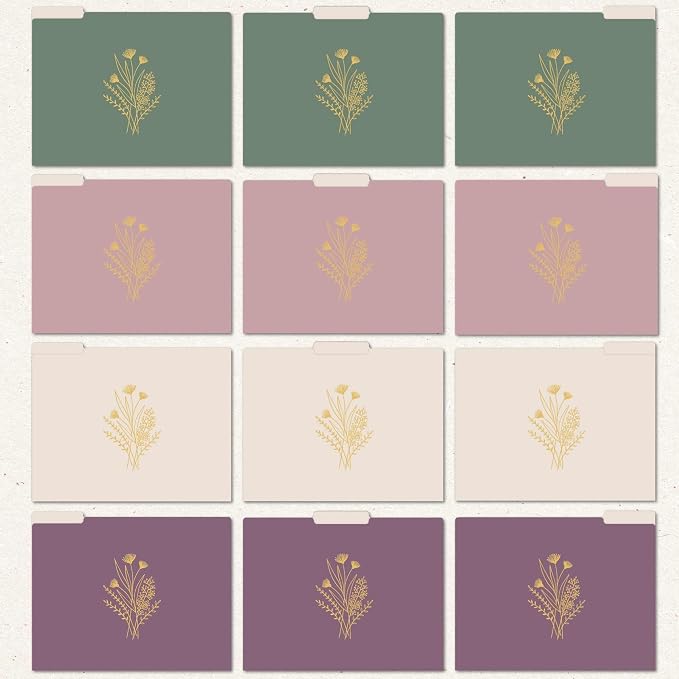 bloom daily planners Decorative File Folders - Set of 12 Letter Size (8.5” x 11”) Organizers, 1/3 Cut Tabs - Aesthetic Folders for School & Office - Gold Foil Florals