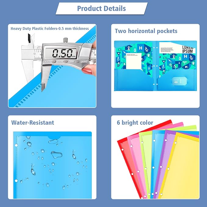 INFUN Heavy Duty Plastic Folders with Clear Front Pocket and Holes - 6 Pack,Assorted Colors Folder with 2 Pockets and 3 Holes for 3 Ring Binders,Folder with Card Slot for School,Office and Home