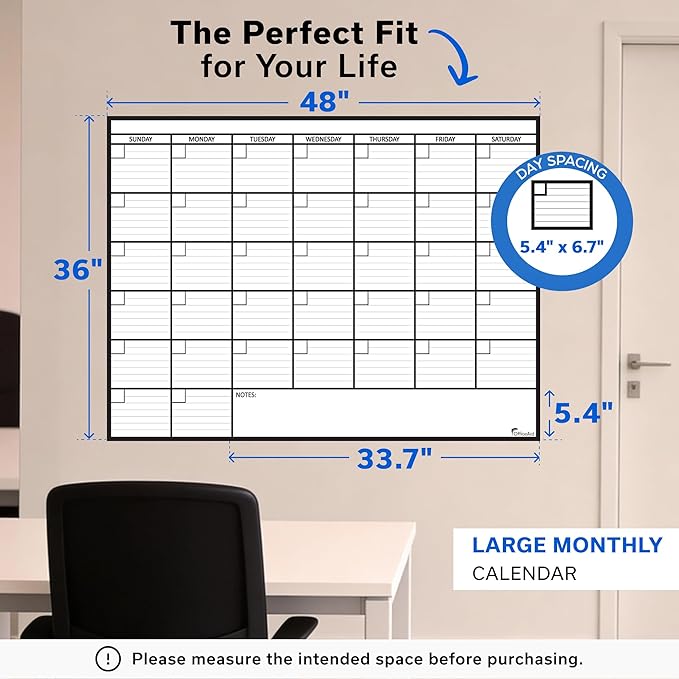 Large Dry Erase Calendar for Wall, 36x48, Large Wall Calendar Dry Erase, Big White Board for Office, Home & School, Giant Erasable Whiteboard, Jumbo Monthly Undated Reusable White Board Planner