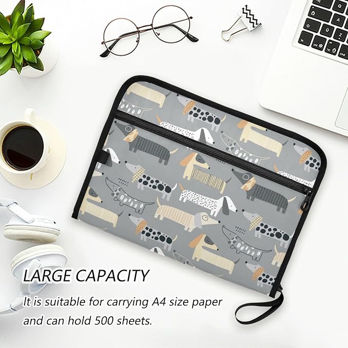 13 Pockets Expanding File Folder Cute Dachshund Grey with Sticky Labels Accordion File Folder Document Organizer Letter Size A4 Papers Expandable File Keeper