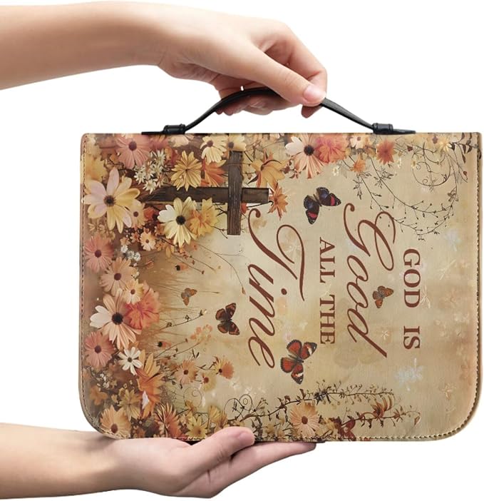 Vintage Religious Floral Cross Bible Case with Bookmark Waterproof Bible Cover Case for Women Lightweight Bible Bag with Handle Pockets Church Book Bag Brown